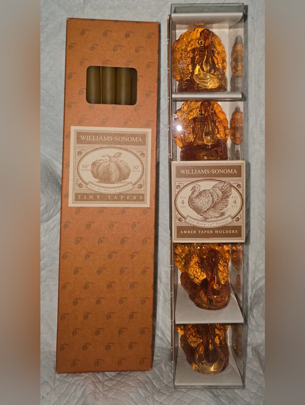 Set of 4 Williams Sonoma Thanksgiving Turkey Candle Holders with Candles
